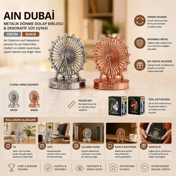 Küçük Boy Metalik Dönme Dolap Biblosu - Ain Dubai Figürü - Dekoratif Süs Eşyası ürün görseli 1