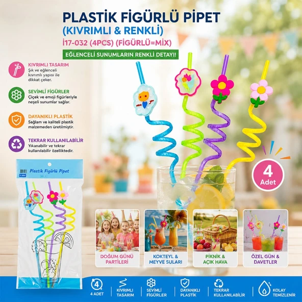 Kıvrımlı Renkli Plastik Pipet - Figürlü Tasarım - 4'lü Paket ürün görseli 1