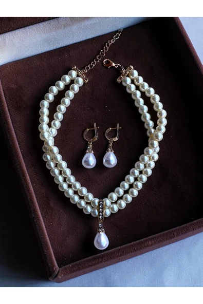 Zirkon Taşlı Tasma Choker İnci Kolye ve İnci Küpe Seti Düğün Nikah Kına ürün görseli 1