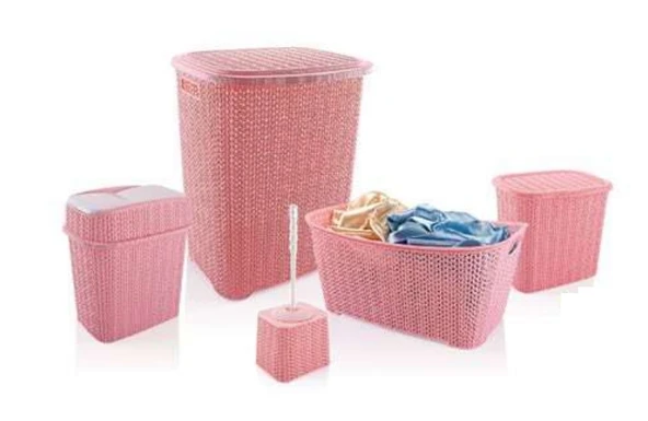 5 Parça Örgü Desenli Plastik Banyo Seti Çamaşır Sepeti Deterjanlık Klik Çöp Kovası Klozet Fırçası ürün görseli 1