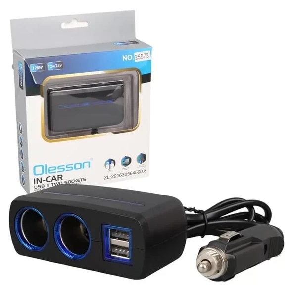 Olesson 1638 12-24V Çift Usb Girişli 120W 80 Cm Kablolu 2'Lı Araç Çakmak Çoklayıcı ürün görseli 1