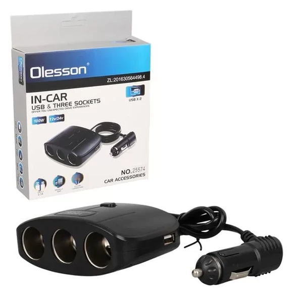 Olesson 1635 12-24V Çift Usb Girişli 100W 70 Cm Kablolu 3'Lü Araç Çakmak Çoklayıcı 100X66X40Mm ürün görseli 1