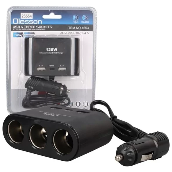 Olesson 1653 12-24V Çift Usb + Girişli 100W 70Cm Kablolu 3'Lü Araç Çakmak Çoklayıcı ürün görseli 1