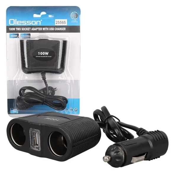 Olesson 1645 12-24V Tek Usb Girişli 100W 70Cm Kablolu 2'Li Araç Çakmak Çoklayıcı ürün görseli 1