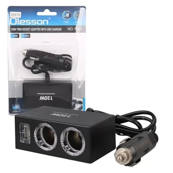 Olesson 1522 12-24V Tek Usb Girişli 120W 80Cm Kablolu 2'Li Araç Çakmak Çoklayıcı ürün görseli 1