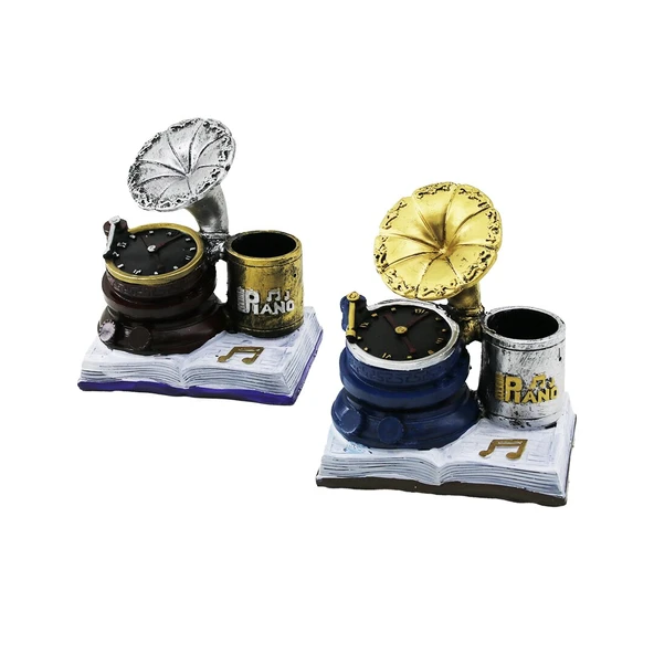 Saatli Gramofon Tasarımlı Biblo Kalemlik - Dekoratif Model - Nostaljik Tasarım ürün görseli 1
