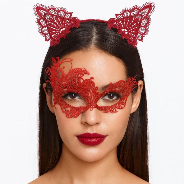 Kırmızı Dantel Maske Taç Seti 1 No - Kostüm Seti ürün görseli 1