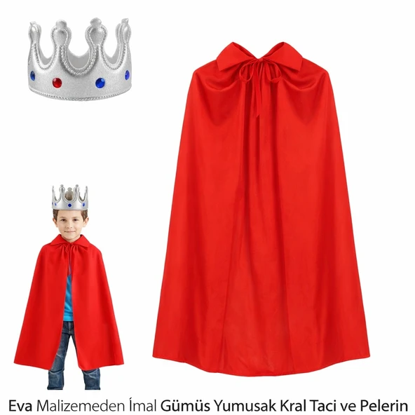 Eva Malzemeden Gümüş Yumuşak Kral Tacı Kırmızı Pelerin Seti ürün görseli 1