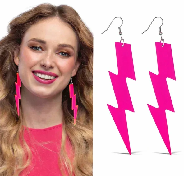 80’Ler 90&Amp;#39;Lar Neon Pembe Şimşek Küpe 10 Cm ürün görseli 1