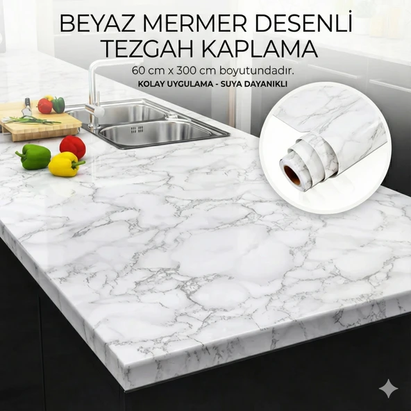 Beyaz Mermer Desenli Yapışkanlı Tezgah Folyosu (3 Mt.X 60 Cm) ürün görseli 1