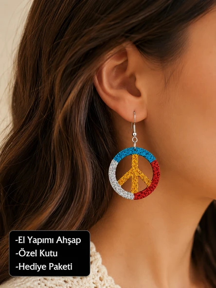 El Yapımı Ahşap Barış Sembolü Renkli Tasarım Küpe – Bohem ve Retro Kadın Küpesi ürün görseli 1