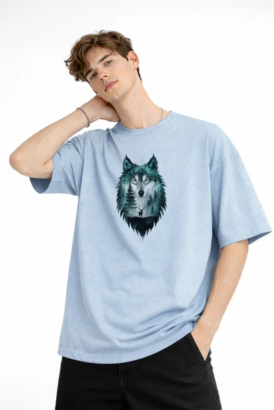 Wolf - Oversize Erkek Tişört Bebek Mavisi - Resim 3
