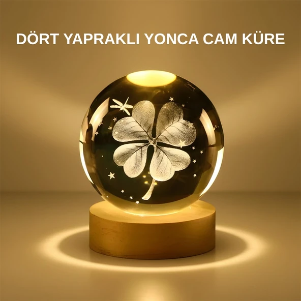 Dekoratif Yonca Görünümlü Işıklı Kristal Cam Küre Usb Masa Gece Lambası ürün görseli 1