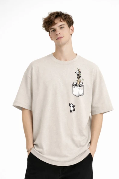 Panda - Baskılı Oversize Tişört BEJ - Resim 3