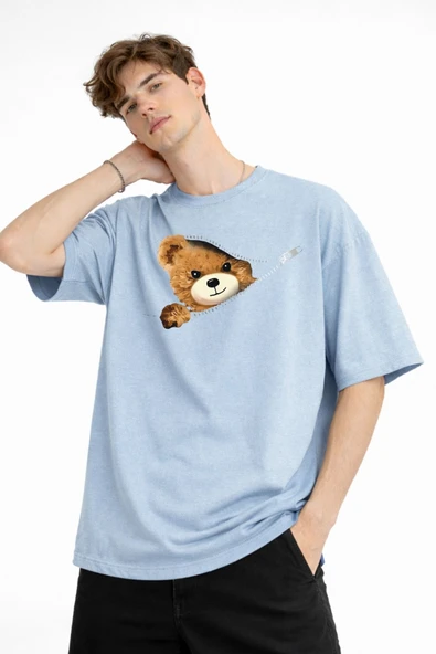 MN - Bear Baskılı Oversize Tişört AÇIK MAVİ - Resim 2