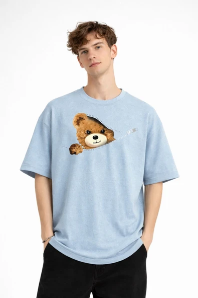 MN - Bear Baskılı Oversize Tişört AÇIK MAVİ - Resim 3