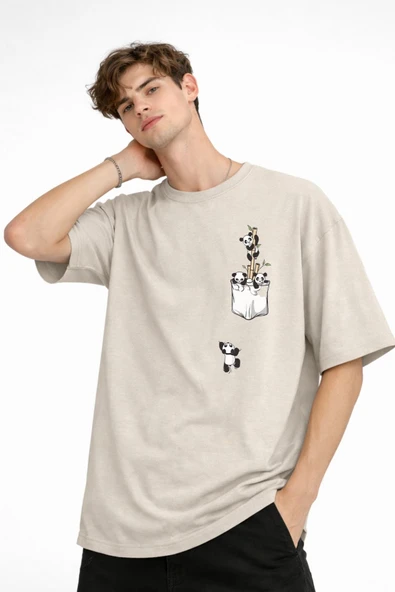 Panda - Baskılı Oversize Tişört BEJ - Resim 4