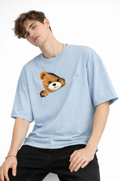 MN - Bear Baskılı Oversize Tişört AÇIK MAVİ ürün görseli 1