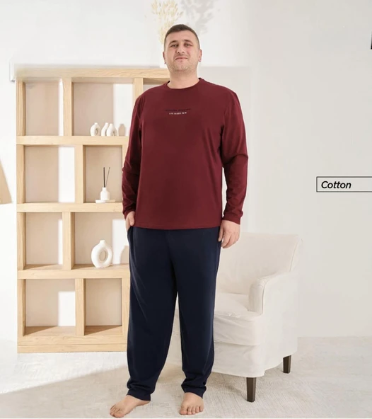 Pijamoni Erkek Battal Bisiklet Yaka Penye Uzun Kol  Pijama Takımı 6700/8 - 1 Adet  Bordo 3XL ürün görseli 1