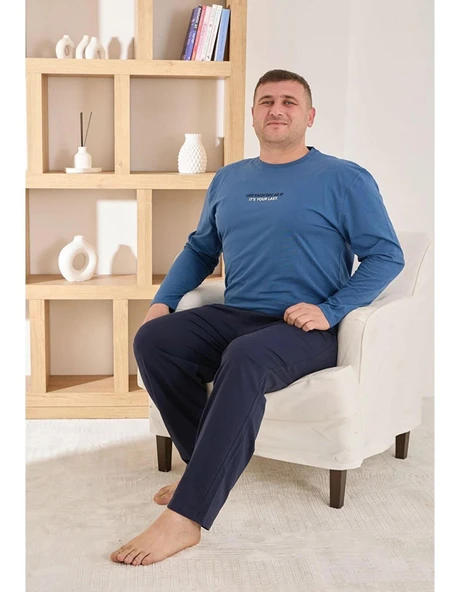 Pijamoni Erkek Battal Bisiklet Yaka Penye Uzun Kol  Pijama Takımı 6700/7 - 1 Adet  Mavi 5XL ürün görseli 1