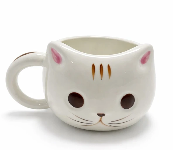 3D Kedi Tasarımlı Kabartmalı Seramik Kupa Bardak - Sevimli Beyaz Kedicik ürün görseli 1