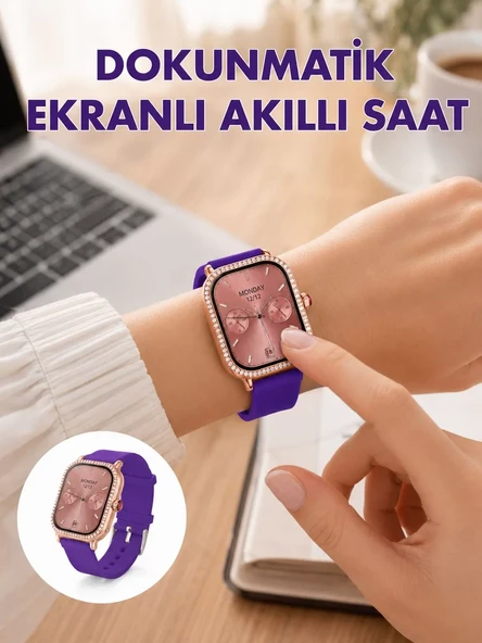 Pembe Mor ve Metal Kordonlu Akıllı Saat Hediye Seti ürün görseli 1