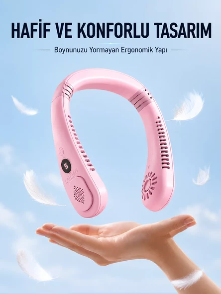 Pembe Boyun Tipi Fan USB Şarjlı Hafif Tasarım Güçlü Hava Üflemeli Serinletici ürün görseli 1