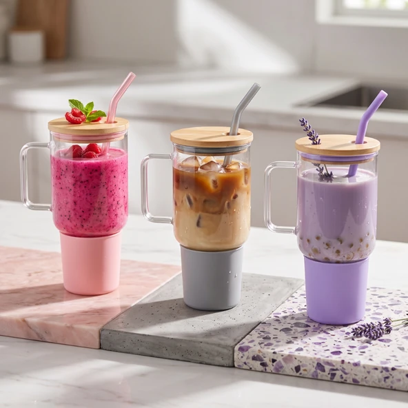 1000 ml Cam Matara Kupa Bardak - Bambu Kapaklı - Silikon Kılıflı - Çelik Pipetli ürün görseli 1