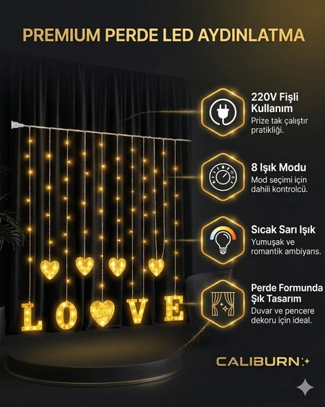 3 Metre Perde Led Işık - 8 Modlu Kalp Ve Love Figürlü Dekoratif Animasyonlu Led ürün görseli 1
