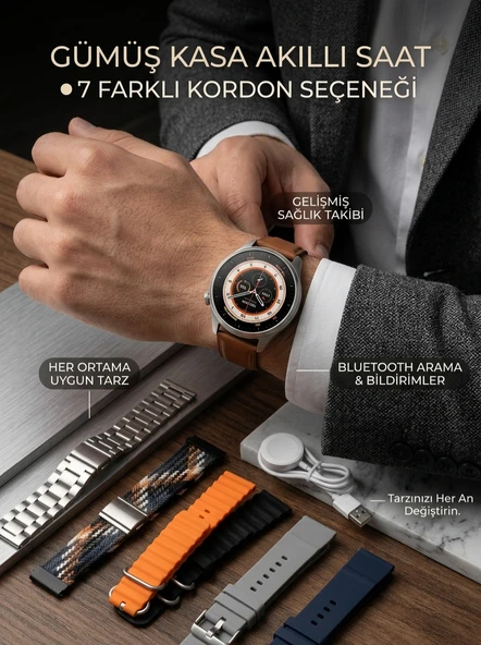 Gümüş Kasa Akıllı Saat - 6 Yedek Kordon Hediyeli - Resim 2