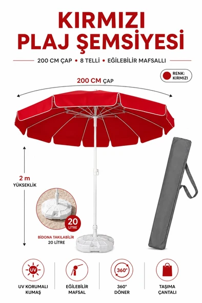 Kırmızı Plaj Şemsiyesi 200 cm Çap / 10 Telli + Bidon + Taşıma Çantası Dahil ürün görseli 1