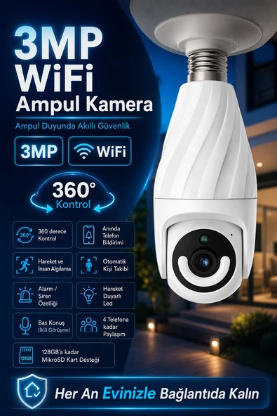 3MP AMPUL GÜVENLİK KAMERASI - HAREKET ALGILAMA - BAS KONUŞ - MOBİL BİLDİRİM - 360 DERECE ürün görseli 1