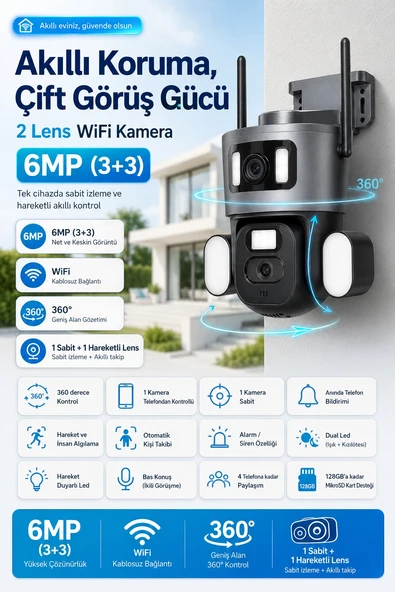2 KAMERALI 3+3MP WIFI GÜVENLİK KAMERASI - 360 OTOMATİK - GECE GÖRÜŞ - HAREKET - ALGILAMA - TAKİP ürün görseli 1