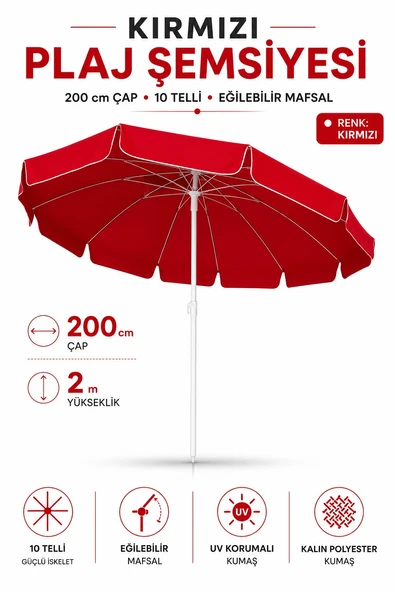 Kırmızı Renkli Plaj,Güneş ve Bahçe Şemsiyesi 200 cm Çap/10 telli, eğim verilir ürün görseli 1