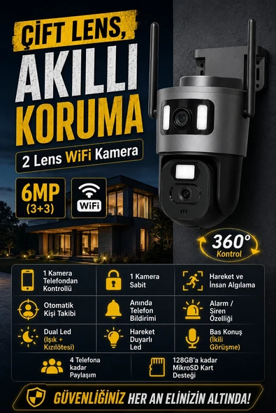 3+3MP 2 KAMERALI WIFI GÜVENLİK KAMERASI - 360 OTOMATİK - HAREKET - ALGILAMA - TAKİP - GECE GÖRÜŞ ürün görseli 1