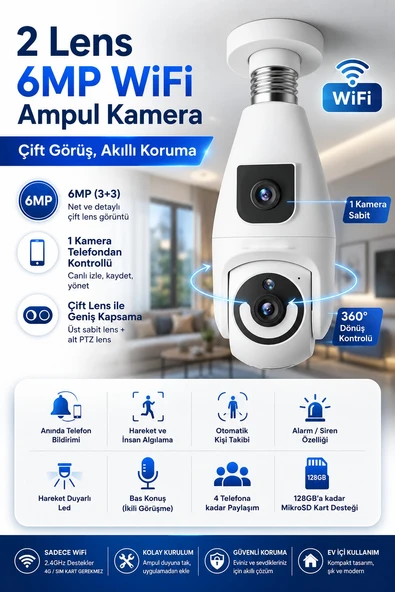 3MP+3MP 2 KAMERALI AMPUL GÜVENLİK KAMERASI - 360 HAREKET - MOBİL BİLDİRİM - ALGILAMA - TAKİP ürün görseli 1