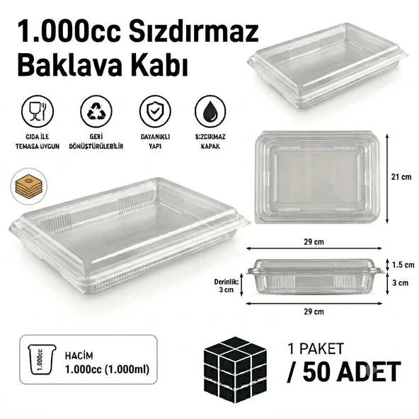 1000 cc Sızdırmaz Baklava Kabı 50 Adet ürün görseli 1