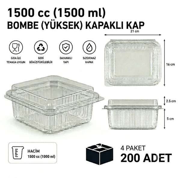 1500 cc Sızdırmaz Kap 200 Adet - Bombe Yüksek Kapak ürün görseli 1