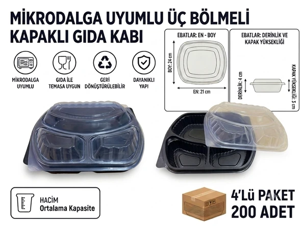 200 Adet Mikrodalga Uyumlu Üç Bölmeli Kapaklı Gıda Kabı ürün görseli 1
