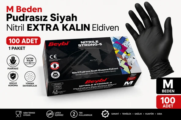 M Beden EXTRA KALIN Pudrasız Siyah Nitril Eldiven - 100 Adet ürün görseli 1
