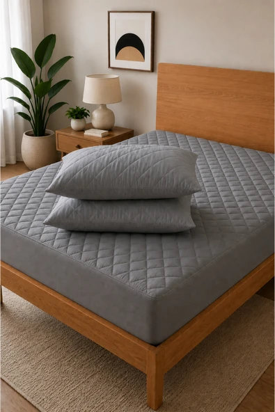DENİTO %100 Pamuk Kapitone Fitted Su Sıvı Geçirmez Yatak Koruyucu Alez + 2 Adet Yastık Koruyucu Set 180 x 200 ürün görseli 1