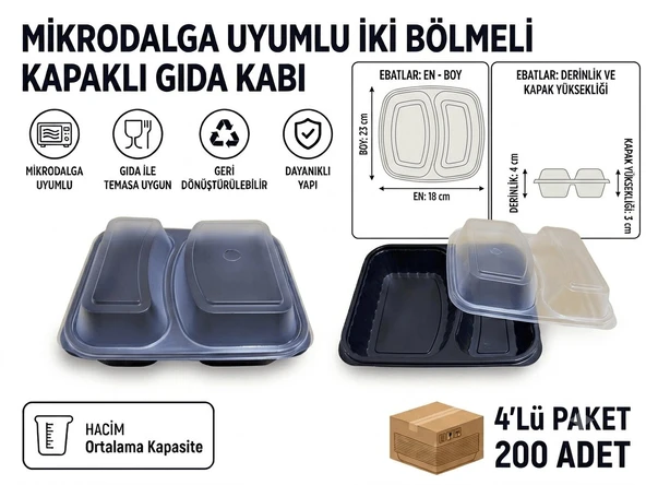 200 Adet KAPAKLI Mikrodalga Uyumlu İki Bölmeli Gıda Kabı ürün görseli 1
