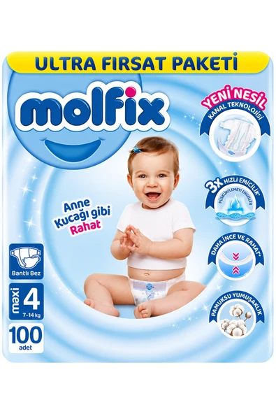 Molfix 2 PAKET Bebek Bezi 3D 4 Beden Maxi 7-14 Kg 100lü Ultra Fırsat Paketi ürün görseli 1