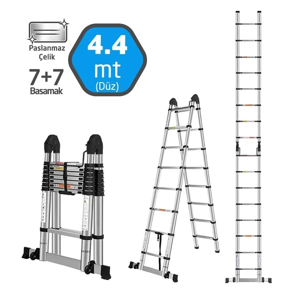 Master Paslanmaz Çelik A Tipi Teleskopik Merdiven 7+7 (14 Basamak) 4.4 Metre 504335 ürün görseli 1