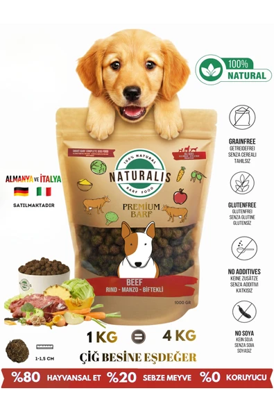 Biftekli %100 Doğal Kurtulmuş Köpek Maması Hipoalerjenik AirDried Barf Elit Köpek Maması BEEF 1 kg ürün görseli 1
