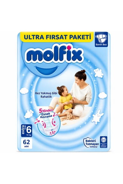 Molfix Bebek Bezi Beden:6 (15+Kg) Extra Large 62 Adet Ultra Fırsat Paketi ürün görseli 1