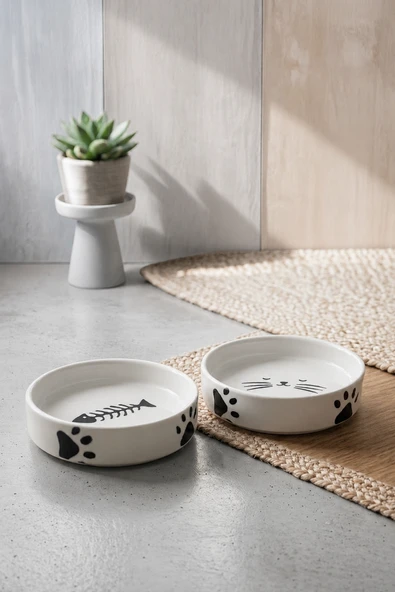 2’li Seramik Kedi Köpek Mama ve Su Kabı 13 cm 300 ml Pati Ve Kılçık Desenli ürün görseli 1