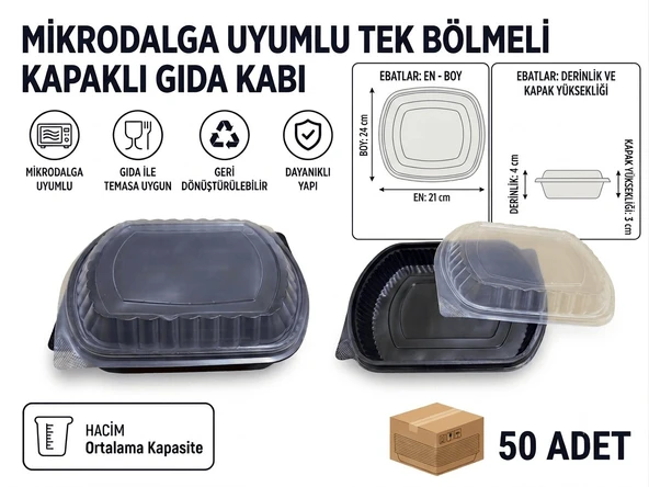 KAPAKLI Mikrodalga Uyumlu Tek Bölmeli Gıda Kabı - 50 Adet ürün görseli 1