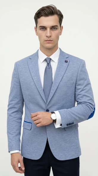 CK 039 Erkek Slim Fit Ceket Kol Yamalı Çift Yırtmaç Mikro Desenli Blazer ürün görseli 1