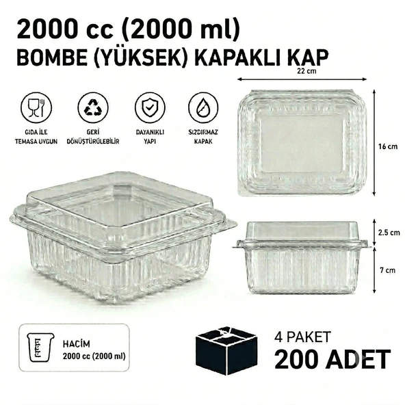 2000 cc Sızdırmaz Kap 200 Adet - Bombe Yüksek Kapak ürün görseli 1